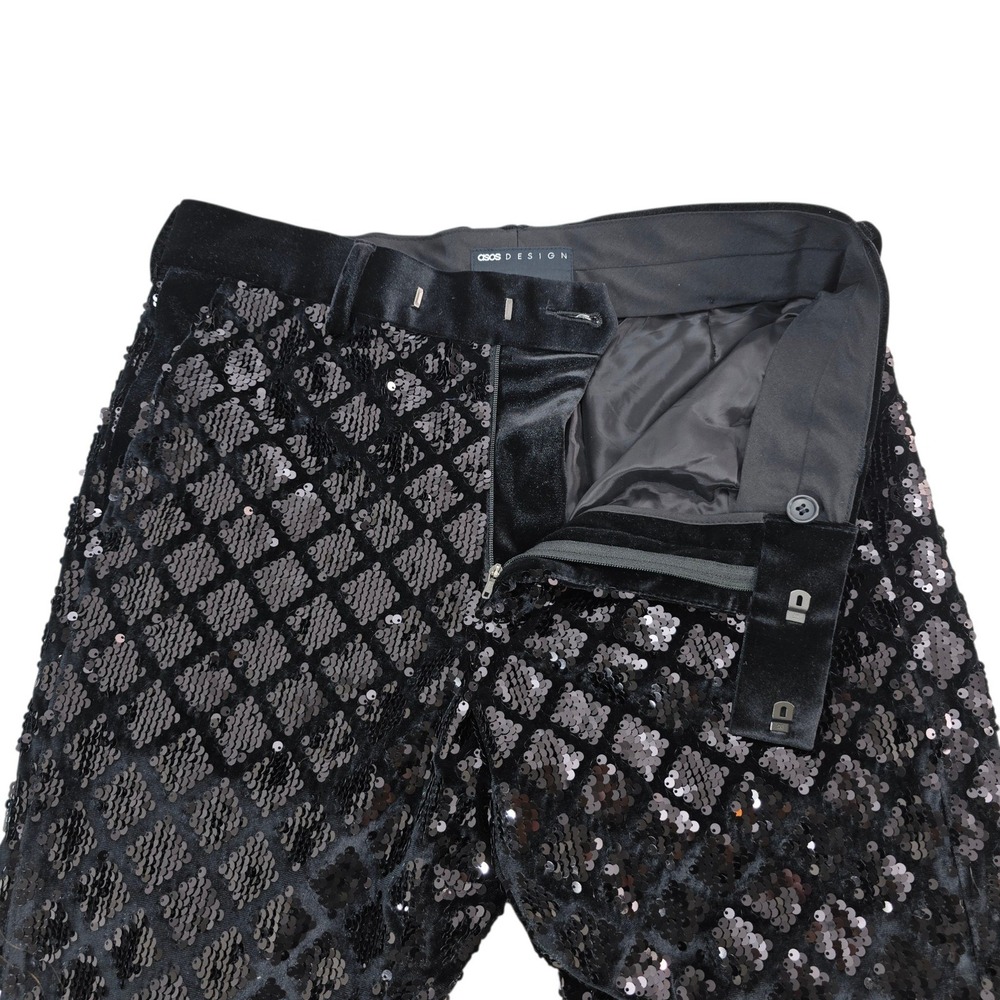 ASOS Design Suit Mens 38/31 Black Sequin Velvet Shawl Lapel Belted Luxury Disco - Picture 15 of 16